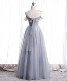 Gray one shoulder tulle long prom dress gray tulle evening dress HZ1024