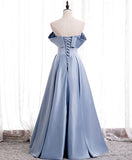 Blue satin of shoulder long prom dress blue evening dress HZ1024