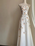 Vintage A Line Spaghetti Straps Long White Prom Dresses Evening Dress With Appliques HZ1024