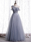 Gray one shoulder tulle long prom dress gray tulle evening dress HZ1024