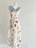 Fresh White Background Colorful Floral V-neck Ruffle Waist Chiffon Long Prom Dress Evening Dress HZ1022