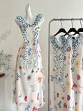 Fresh White Background Colorful Floral V-neck Ruffle Waist Chiffon Long Prom Dress Evening Dress HZ1022