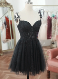 Black V Neck Beaded Tulle and Lace Prom Dress, Cute Black Homecoming Dress HZ1022