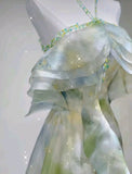 Elegant A Line Halter Chiffon Ombre Green Long Prom Dresses HZ1024