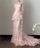 Sweet Pale Pink Mermaid Tail Three-dimensional Petal Long Prom Dress Evening Dress Wedding Dress HZ1022