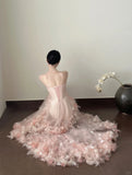 Sweet Pale Pink Mermaid Tail Three-dimensional Petal Long Prom Dress Evening Dress Wedding Dress HZ1022