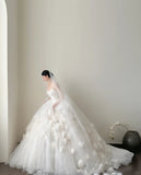 Elegant White Trailing Heart-shaped Neckline 3D Floral Tulle Ball Gown Wedding Dress HZ1022