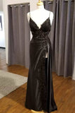 Black Floral Lace V-Neck Long Prom Dress with Slit Birthday Outfits HZ1022