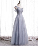 Gray one shoulder tulle long prom dress gray tulle evening dress HZ1024