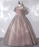 Pink tulle lace long prom dress pink lace prom gown HZ1024