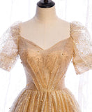 Gold tulle v neck long prom dress gold tulle formal dress HZ1024