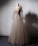 Champagne v neck tulle lace long prom dress champagne evening dress HZ1024