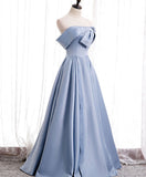 Blue satin of shoulder long prom dress blue evening dress HZ1024