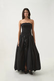 Pretty Ball Gown Strapless Black Satin Long Prom Dresses With Ruffles Evening Dress HZ1024