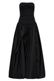 Pretty Ball Gown Strapless Black Satin Long Prom Dresses With Ruffles Evening Dress HZ1024