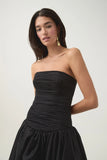 Pretty Ball Gown Strapless Black Satin Long Prom Dresses With Ruffles Evening Dress HZ1024