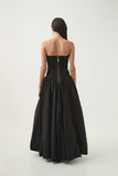 Pretty Ball Gown Strapless Black Satin Long Prom Dresses With Ruffles Evening Dress HZ1024