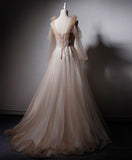 Champagne v neck tulle lace long prom dress champagne evening dress HZ1024