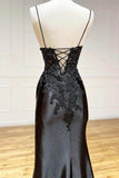 Black Floral Lace V-Neck Long Prom Dress with Slit Birthday Outfits HZ1022