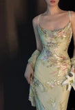 Vintage Light Green Printed Mermaid Strap Chiffon Long Prom Dress Evening Dress HZ1022