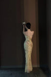 Vintage Light Green Printed Mermaid Strap Chiffon Long Prom Dress Evening Dress HZ1022