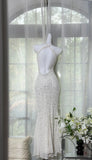 Shinying White Mermaid Strapless Lace-up Back Sequin Chiffon Long Prom Dress Evening Dress HZ1022