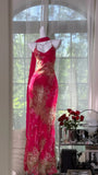 Vintage Rose Pink Floral Mermaid Backless Chiffon Long Prom Dress Evening Dress HZ1022