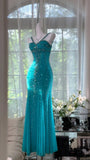 Shimmering Lake Blue Mermaid Beaded Chiffon Long Prom Dress Evening Dress HZ1022