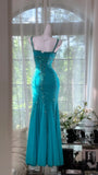 Shimmering Lake Blue Mermaid Beaded Chiffon Long Prom Dress Evening Dress HZ1022