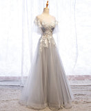 Gray round neck tulle lace long prom dress gray tulle formal dress HZ1024