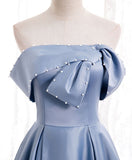 Blue satin of shoulder long prom dress blue evening dress HZ1024