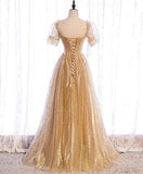 Gold tulle v neck long prom dress gold tulle formal dress HZ1024
