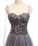 Gray sweetheart neck tulle sequin beads long prom dress HZ1024