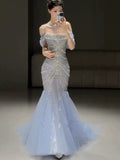 Elegant Mermaid Off The Shoulder Blue Tulle Prom Dresses HZ1024