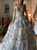 Sexy A line Long Blue Floral Prom Dress Blue and White Party Dresses HZ1022