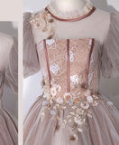 Pink tulle lace long prom dress pink lace prom gown HZ1024