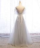 Gray round neck tulle lace long prom dress gray tulle formal dress HZ1024