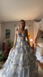 Sexy A line Long Blue Floral Prom Dress Blue and White Party Dresses HZ1022