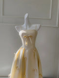 Sweet Light Yellow A-line Spaghetti Strap Bow Satin Long Prom Dress Evening Dress Bridesmaid Dress HZ1022