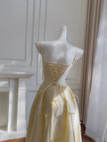 Sweet Light Yellow A-line Spaghetti Strap Bow Satin Long Prom Dress Evening Dress Bridesmaid Dress HZ1022