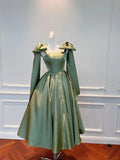 Vintage Olive Green A-line Bow Strap Satin Tea-length Prom Dress Evening Dress HZ1022