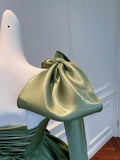 Vintage Olive Green A-line Bow Strap Satin Tea-length Prom Dress Evening Dress HZ1022