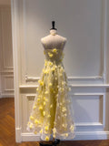 Beautiful Yellow A-line Square Neck Strapless 3D Flower Mesh Long Prom Dress HZ1022