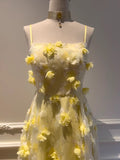 Beautiful Yellow A-line Square Neck Strapless 3D Flower Mesh Long Prom Dress HZ1022