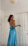 Vintage A Line Spaghetti Straps 90s Blue Prom Dresses Evening Gowns With Bow HZ1024