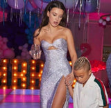 Sexy Mermaid Strapless Sequin Long Silver Slit Prom Dresses Evening Dress HZ1024