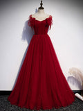 burgundy tulle round neck long prom dress burgundy evening dress HZ1024