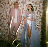 Sexy Mermaid Strapless Sequin Long Silver Slit Prom Dresses Evening Dress HZ1024