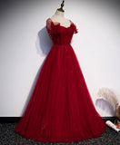 burgundy tulle round neck long prom dress burgundy evening dress HZ1024