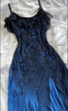 Elegant A Line Spaghetti Straps Navy Blue Chiffon Beads Long Prom Dresses Formal Dress HZ1024